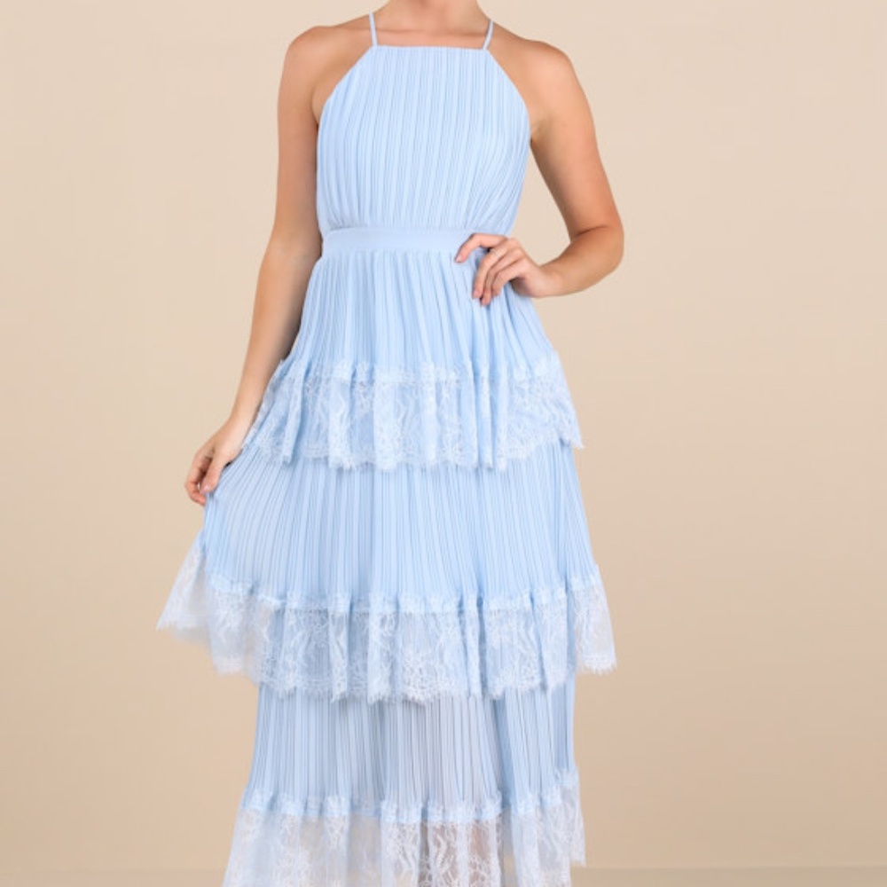 Lulus Came For Cocktails Light Blue Pleated Tiered Lace Maxi Dress - Size XXL